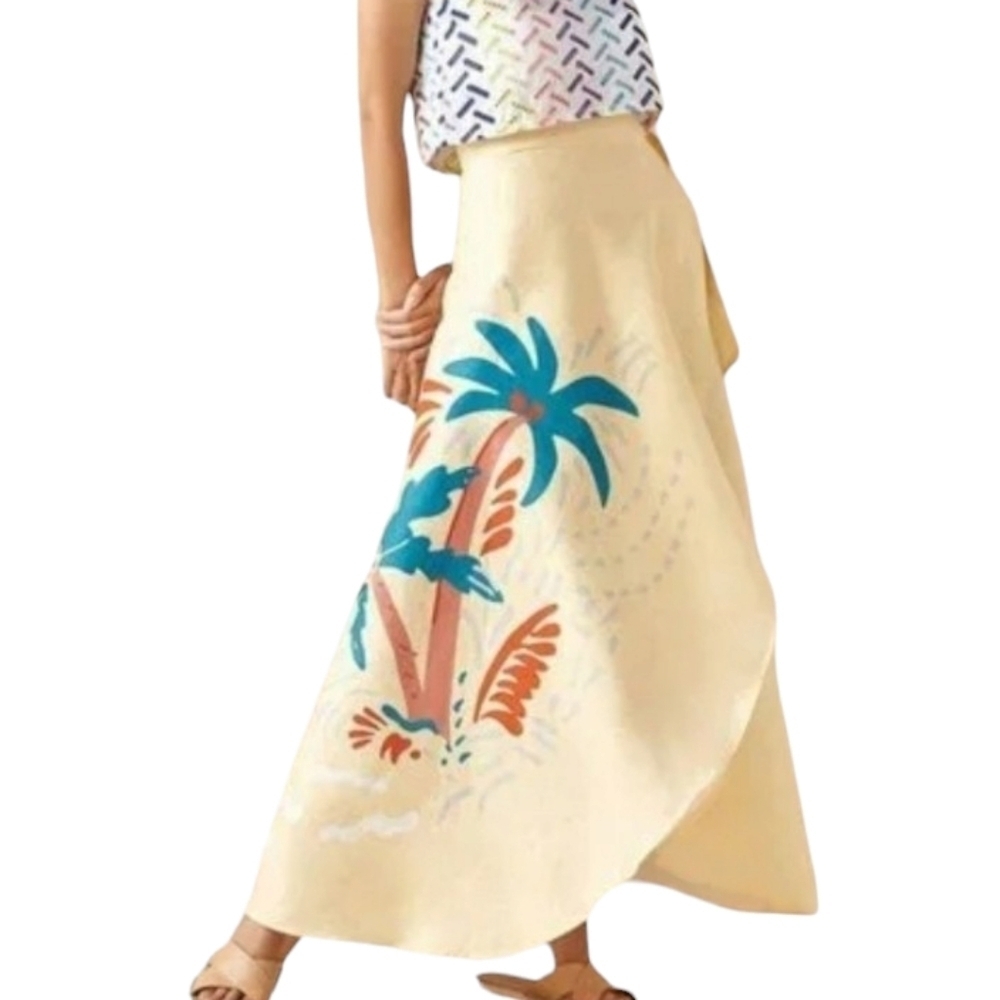 Onia Amanda Yellow Linen Palm Tropical Maxi Wrap Skirt - Size Large
